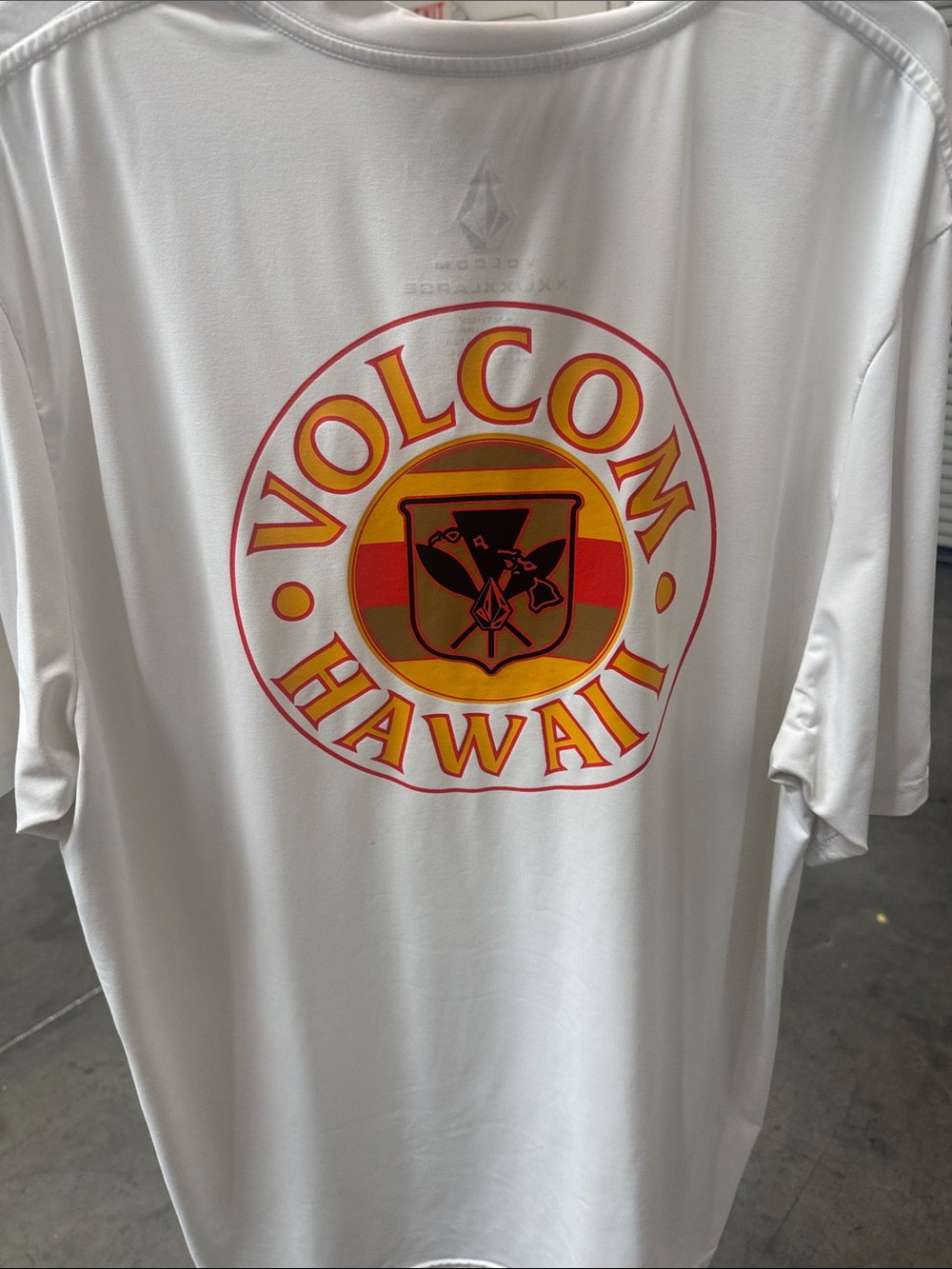 Volcom White Short-Sleeve Shirt with Red and Yellow Hawaii Graphic
